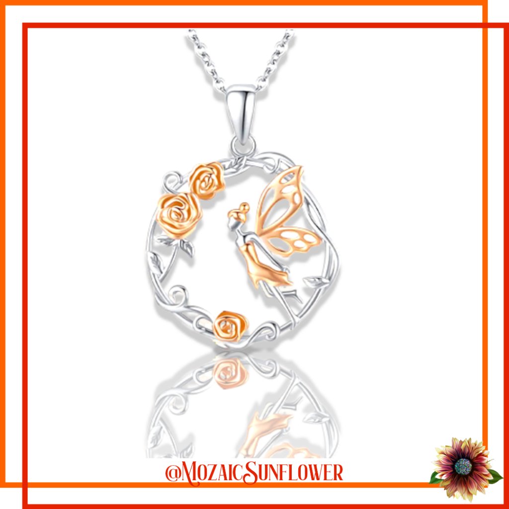 Fairy And 3 Rose's In A Wreath Silver And Gold Necklace 19" Chain (Nwt)